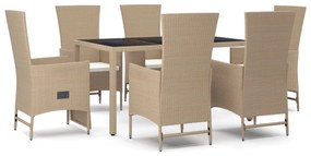 Set da pranzo da giardino 7 pz con cuscini beige in polyrattan