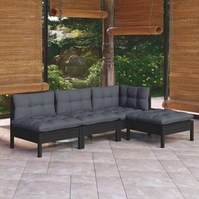 Set divani da giardino 4 pz con cuscini neri in legno di pino