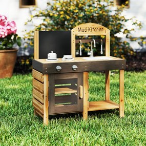 Costway Cucina giocattolo in legno con lavagna e fornelli e mensole di stoccaggio, Cucina da esterno per il gioco di ruolo Naturale