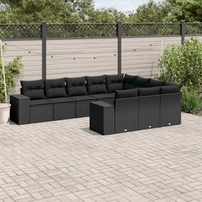 Set divani da giardino 10pz con cuscini in polyrattan nero