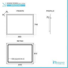 Specchio bagno 90x70 cm reversibile con cornice LED bianco naturale