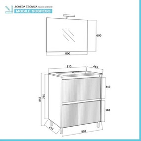 Mobile bagno a terra 80 cm bianco cannettato e grigio con cassetti Porto