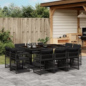 Set da pranzo da giardino 11 pz con cuscini in polyrattan nero