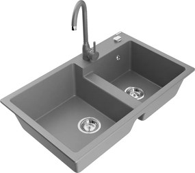 Mexen Tomas lavello in granito a 2 vasche con rubinetto da cucina Telma, grigio - 6516-71-670200-71