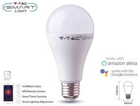 V-TAC Smart Lampada Led Bulb E27 A65 15W WiFi RGB CCT Dimmerabile APP Compatible Amazon Alexa Google Home SKU-2753