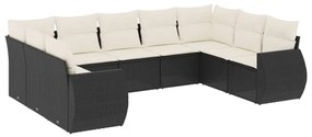 Set divani da giardino 9 pz con cuscini nero in polyrattan