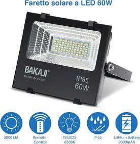 Faro LED 60W con Pannello Solare Luce Esterno Alta Luminosita 600lm + Telecomand...