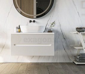 Mobile bagno bianco opaco 90x46 cannettati Urbino con ciotola da appoggio rettangolare in ceramica e due cassetti