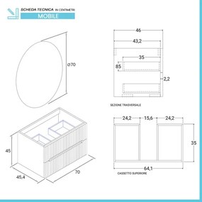 Mobiletto bagno sospeso cannettato 70 cm noce canaletto Bali