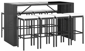 Set bar da giardino 9 pz con cuscini in polyrattan nero
