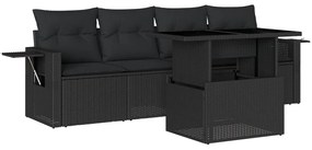 Set divani da giardino 5 pz con cuscini in polyrattan nero