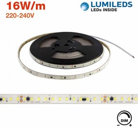 Strisce LED 220V 16W/m, 120lm/W, chip PHILIPS Lumileds, Dimmerabile, tagl. 10cm – 10m Colore  Bianco Naturale 4.000K