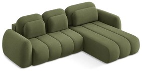 Divano angolare verde allungabile/con contenitore (con penisola a destra/con chaise lounge) con rivestimento in bouclé Pele – Makamii