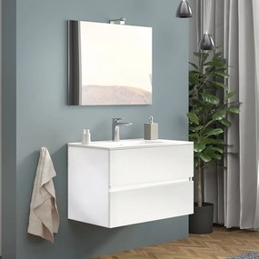 Mobile Bagno Sospeso Bianco Lucido da 80 cm Completo di Specchio e Lampada