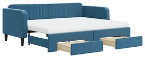 Divano letto estraibile con cassetti blu 90x200 cm in velluto