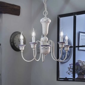 Lampadario Classico Sanremo Metallo E Ceramica Bianco Sfumato Argento 5 Luci E14