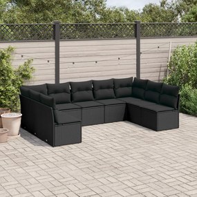 Set divani da giardino 9 pz con cuscini nero in polyrattan