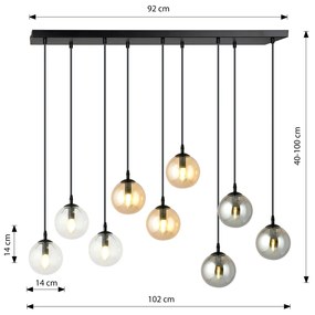 Sospensione Moderna 9 Luci Kali In Acciaio Nero E Sfere In Vetro Multicolor