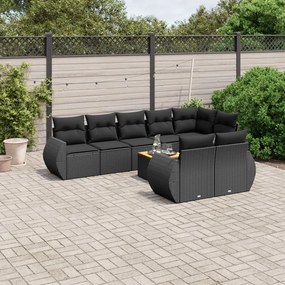 Set divani da giardino 9 pz con cuscini nero in polyrattan