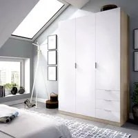 Guardaroba Allentown, Armadio per camera da letto a 3 ante e 3 cassetti, Mobile con barra appendiabiti e 3 ripiani cm 121x80h180, Bianco e Rovere