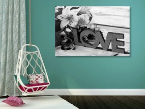 Quadro su tela – Con scritta in legno Love in bianco e nero