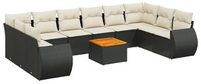 Set divani da giardino 11 pz con cuscini in polyrattan nero