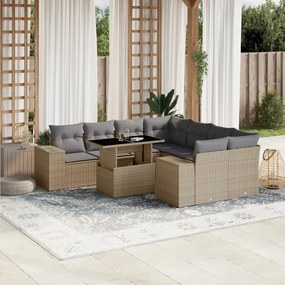 Set divano da giardino 9 pz con cuscini beige in polyrattan