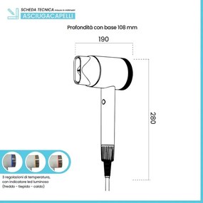 Asciugacapelli Nero con motore brushless con base murale e tasto a rilascio