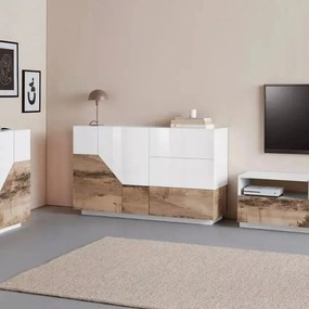 Credenza Sunrise 4 Ante + 1 Vano a Ribalta 200 Bianco Lucido/Report 200 x 40 x 82 cm