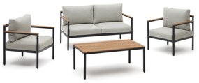 Kave Home - Set Aiguafreda divano 2 posti, 2 poltrone, un tavolino alluminio grigio e legno acacia