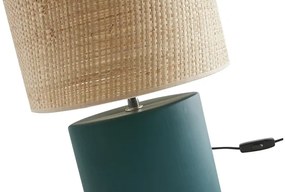 Lampada da tavolo in ceramica blu petrolio opaco e paralume in rafia naturale H40 m TIGA