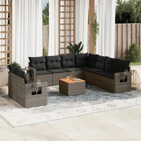 Set divano da giardino 10 pz con cuscini grigio in polyrattan