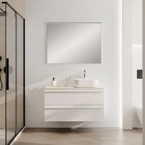 Mobile Linea L100 H55 P45 in laccato bianco opaco 2 cassetti a chiusura ammortizzata e top gres bianco creta per lavabo in appoggio