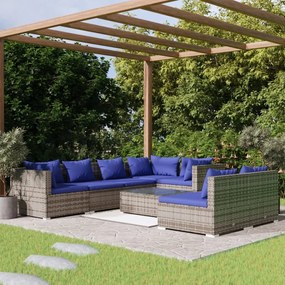 Set Divani da Giardino 8 pz con Cuscini in Polyrattan Grigio