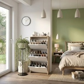 Scarpiera 3 Ante Doppio Scomparto 60x22x113 Cm Salvaspazio 18 Paia Bianco Lucido Rovere