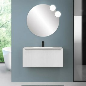 Mobile bagno sospeso 90 cm bianco opaco cannettato con cassetto, specchio e lavabo Nara