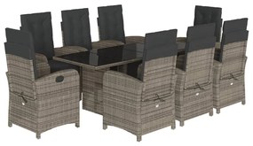 Set da pranzo da giardino 9 pz con cuscini in polyrattan grigio