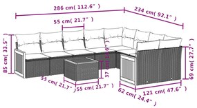 Set divani da giardino 10pz con cuscini in polyrattan nero