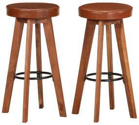 Sgabelli Da Bar 2 Pz İn Vera Pelle E Legno Massello Di Acacia /