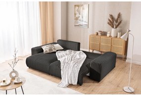 Divano angolare con penisola a sinistra grigio scuro e rivestimento in velluto a coste allungabile e con contenitore Sarina – Ropez