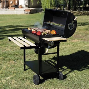 Barbecue a Carbone Carbonella 108x70x100 cm con Coperchio Ruote e Ripiani in Legno Nero...
