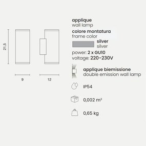 Applique per esterni 9x12 cm JUBO in alluminio Silver con diffusore in vetro