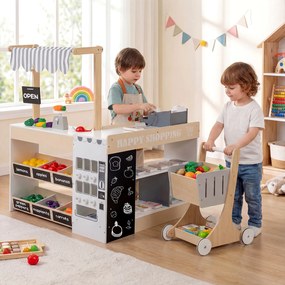 Costway Set gioco negozio alimentari bambini supermercato legno carrello distributore automatico, Set banco cassa registratore lavagne scaffali cibo bambini 3+ anni