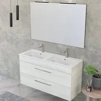 Composizione bagno sospesa Smack a 2 cassetti 118x62 con doppio lavabo, specchio con lampada LED olmo bianco