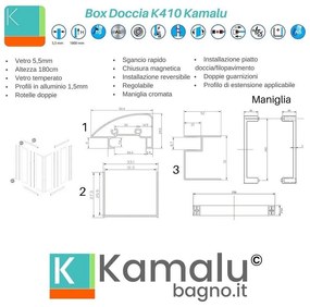 Kamalu - box doccia 3 lati 80x80x80 altezza 180 vetro opaco k410