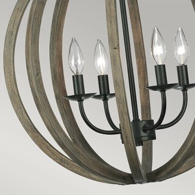 Lampadario Industrial Nordico Allier Legno Rovere Ferro Grigio 4 Luci E14