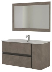 Mobile Bagno Sospeso 110 Cm Due Cassetti Un Anta Specchio Feridras "Oxid" Beton Cenere