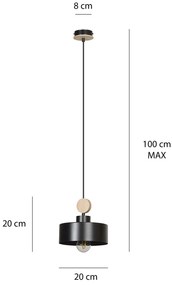 Sospensione 1 Luce Zhurong In Acciaio Nero E Legno Naturale