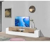 Mobile da soggiorno Porta TV, Made in Italy, Credenza per TV da salotto a 4 ante e ripiani, cm 220x45h51, Bianco lucido e Acero