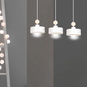 Lampadario 3 Luci Zhurong In Acciaio Bianco E Paralumi Con Legno Naturale